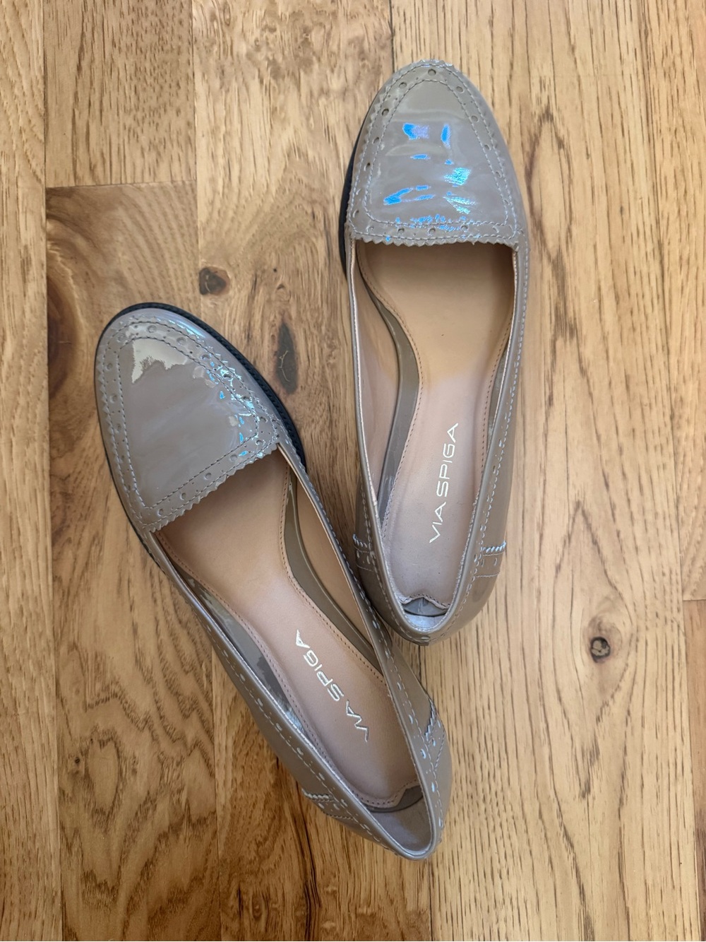 Via Spiga Taupe Patent Loafers with Subtle Sheen